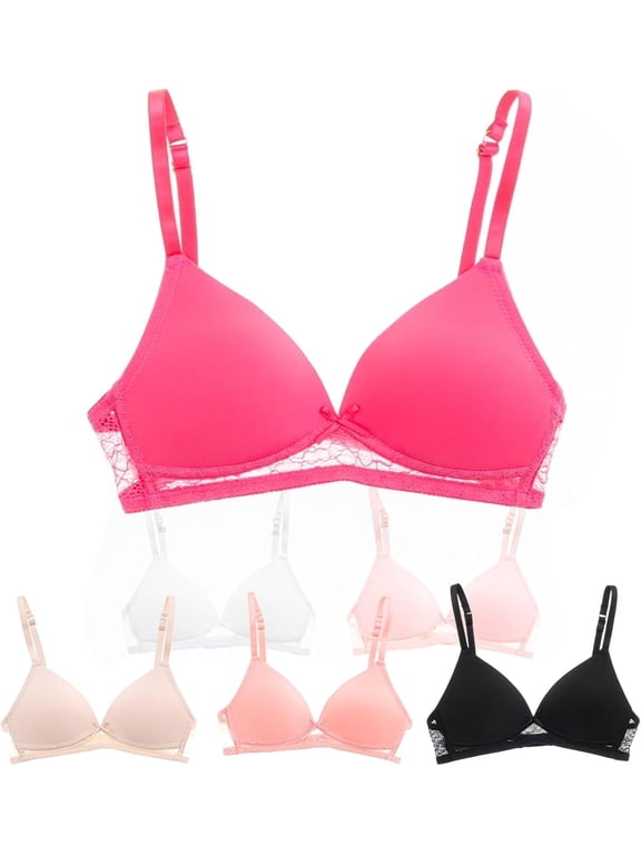 Lightly Padded Bras for Girls, Teens and Petite Women, Solids with Lace Trim, 36A, 6 Pack