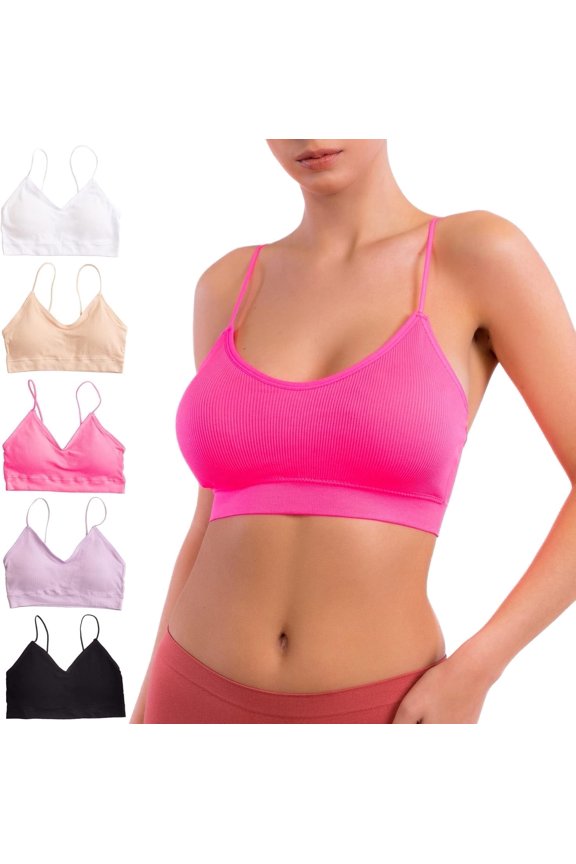 Ribbed Sleep Wireless Bras for Women Lounge Padded Bras / Soft Bralettes, L 5 pcs