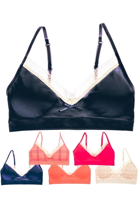 Seamless Girls Bra with Lace Trim, Pink Plaid, XL, 6 Pack