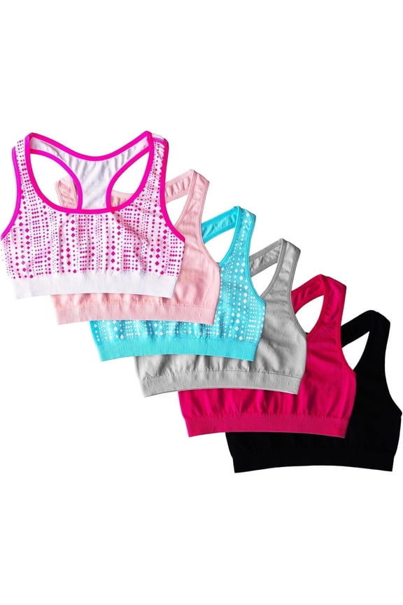 Seamless Girls Bra with Lace Trim, Solids Dot Pattern, XL, 6 Pack