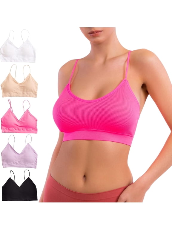 Seamless Sleep Bras for Women Ribbed Wireless Padded Lounge Bra, Brights, XL, 5 Pack