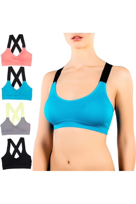 Women’s Sports Bra, Criss Cross Straps 1, XL, 4 Pack