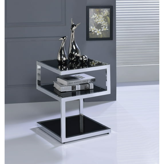 Alyea End Table Black Glass and Chrome - Saltoro Sherpi