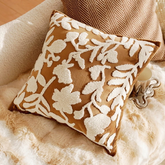 Alysheer Embroidered Decorative Throw Pillow Cover 18X18 Pillow Cover Brown Velvet Tufted Throw Pillow Cover for Couch Fall Home Decor 1 Pack