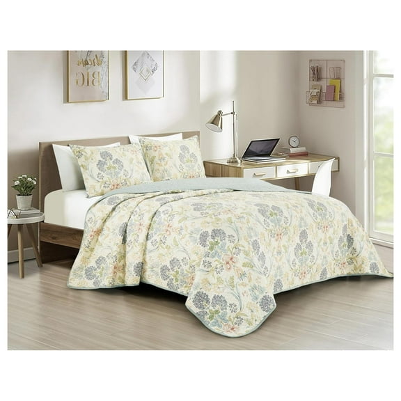 Alyssa 2-Piece Floral Medallion Garden Quilt Set - Multicolor Blue Green Red Yellow White Printed Microfiber Lightweight Bedspread Set for All season