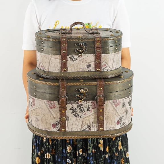 Alyssa Vintage - Set of 2, Antique Wooden Storage Boxes with Hinged Lids, Old Fashioned Decorative Wood Trunk, Memory Chest for Keepsakes and Home Dcor