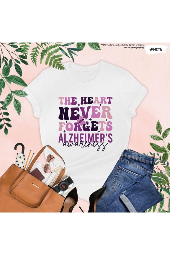Alzheimer's Awareness Shirt, The Heart Never Forgets Tee, Purple Ribbon Support T-Shirt, Memory Loss Tee, Dementia Awareness Family All Size S-5Xl
