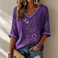 thumbnail image 1 of Alzheimers Awareness T Shirts For Women 3/4 Length Sleeve Purple Ribbon Alzheimers Tee Tops Floral & Hummingbird Print V Neck T-Shirts, 1 of 4