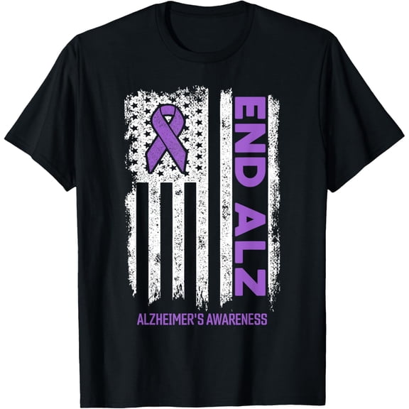 Alzheimers Shirt American Flag End Alz Alzheimer's Awareness T-ShirtMen and women, Black T-shirt, size: Extra large