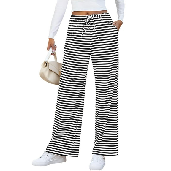 Am Direct Wide Leg Pants For Women Drawstring Elastic Waist Stripe Ribbed Sweatpants With Pockets Black And White