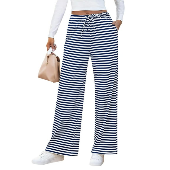 Am Direct Wide Leg Pants For Women Drawstring Elastic Waist Stripe Ribbed Sweatpants With Pockets Blue And White