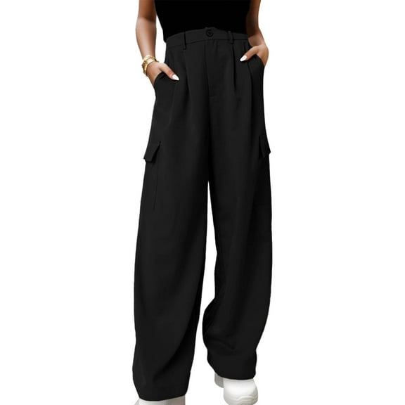 Am Direct Women's Casual High Waisted Wide Leg Cargo Pants With 4 Pockets