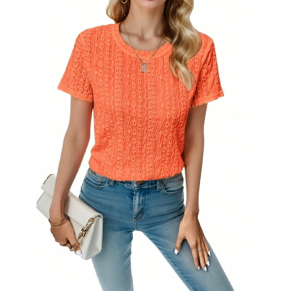 Am Direct Women's Crew Neck Short Sleeve Eyelet Embroidery Casual Holiday T-Shirt