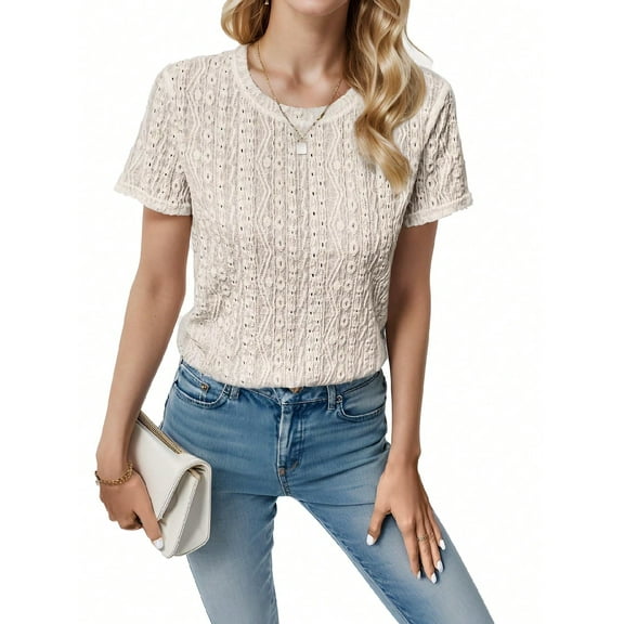 Am Direct Women's Crew Neck Short Sleeve Eyelet Embroidery Casual Holiday T-Shirt