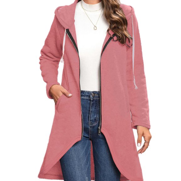 Am Direct Women's Long Hooded Zip-Up Sweatshirt Coat, Casual Fleece Hoodie Jacket with Pockets