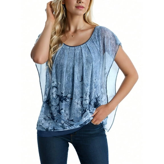 Am Direct Women's Round Neck Printed Pleated Casual T-Shirt