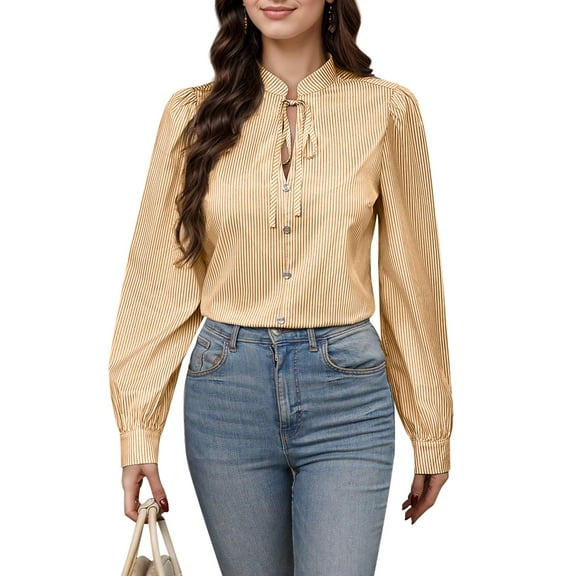 SANOPY Women's Striped Small Stand Collar Puff Sleeve Tie Long Sleeve Shirt Top
