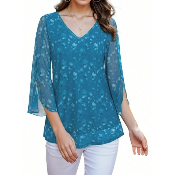 Am Direct Women's V-Neck Flared Three-Quarter Sleeve Mesh Printed T-Shirt