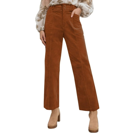 Am Direct Womens Casual Winter Straight Leg Elastic Waist Corduroy Pants With Pockets Rust Brown