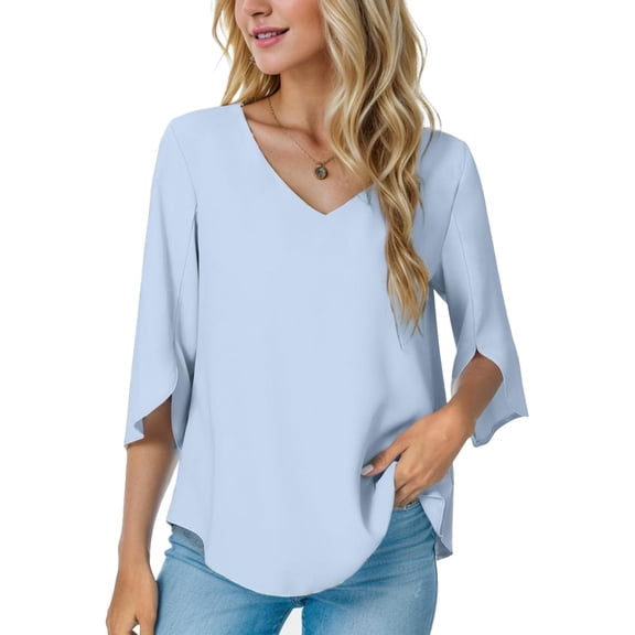 Am Direct Womens Summer 3/4 Sleeve Tunic Tops Chiffon Work Blouse V-Neck Dressy Casual Shirt