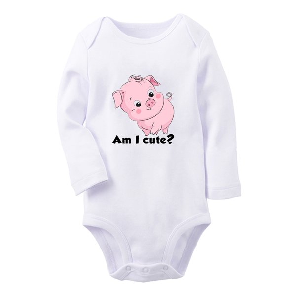 Am I Cute Funny Rompers, Newborn Baby Unisex Bodysuits, Infant Animal Pig Pattern Jumpsuits, Toddler 0-12 Months Kids Long Sleeves Oufits (White, 0-6 Months)