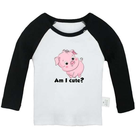 Am I Cute Funny T shirt For Baby, Newborn Babies Animal Pig T-shirts, Infant Tops, 0-24M Kids Graphic Tees Clothing (Long Black Raglan T-shirt, 0-6 Months)