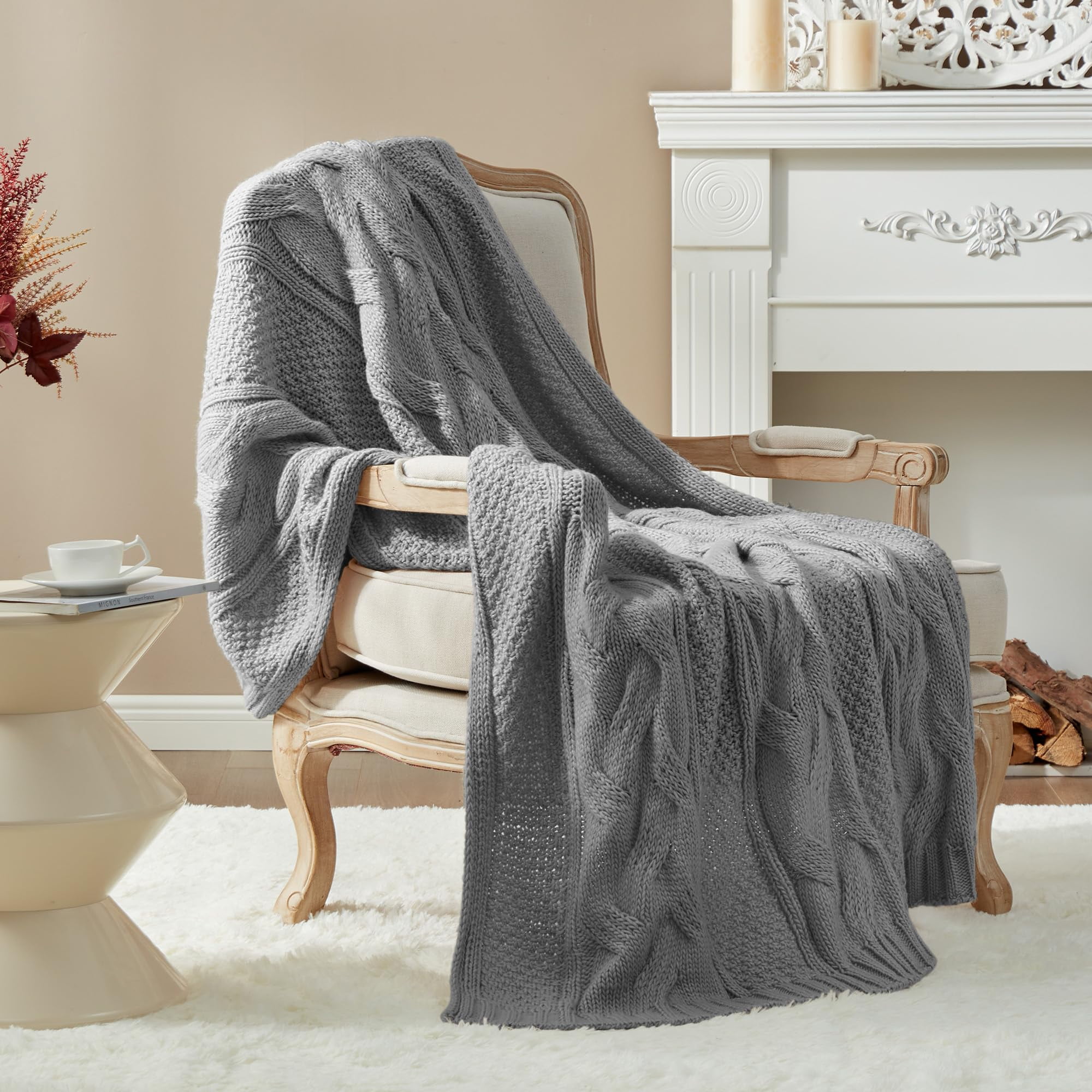 Amélie Home Striped Cable AIF4 Knitted Throw Blanket for Couch