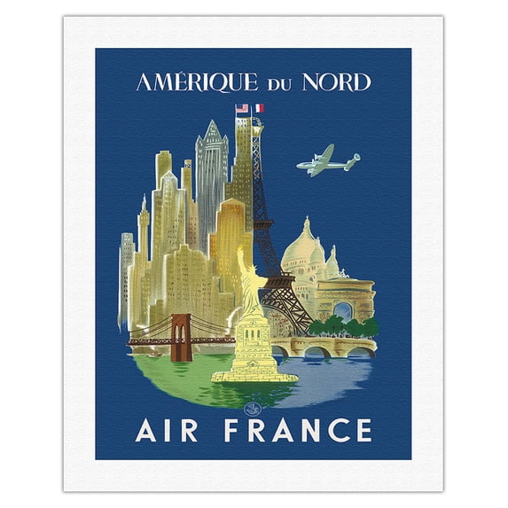 Amérique du Nord (North America) - France - New York City Landmarks - Vintage Airline Travel Poster by Luc-Marie Bayle c.1948 - Fine Art Rolled Canvas Print 20in x 26in