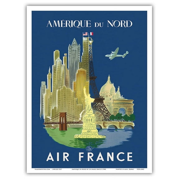 Amérique du Nord (North America) - France - New York City Landmarks - Vintage Airline Travel Poster by Luc-Marie Bayle c.1948 - Master Art Print (Unframed) 9in x 12in