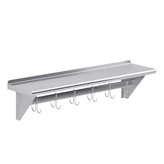 AmGood 12 in. X 48 in. Stainless Steel Wall Mounted Pot Rack with Shelf and 6 Double Sided Chrome Plated Hooks | NSF