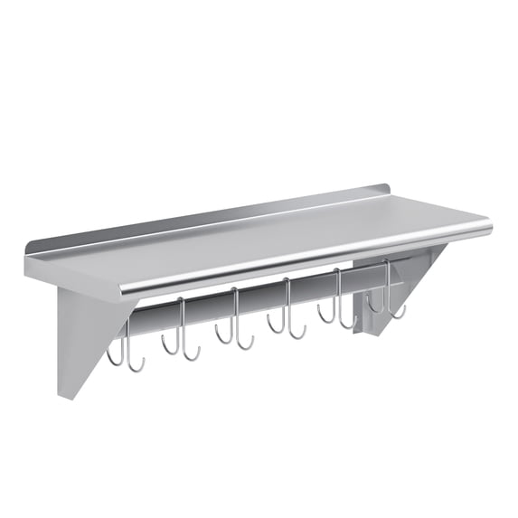 AmGood 12 in. x 36 in. Stainless Steel Wall Mounted Pot Rack with Shelf and 6 Double Sided Chrome Plated Hooks | NSF