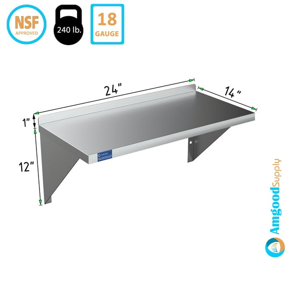 AmGood 14" Width x 24" Length | Stainless Steel Wall Shelf | Square Edge | Metal Shelving | Heavy Duty | Commercial Grade | Wall Mount | NSF Certified