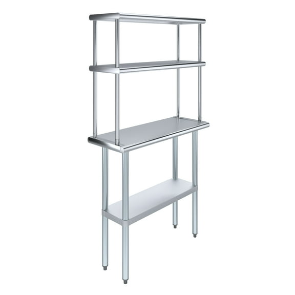 AmGood 14" x 36" Stainless Steel Work Table With 12" Wide Double Tier Overshelf | Metal Kitchen Prep Table & Shelving Combo