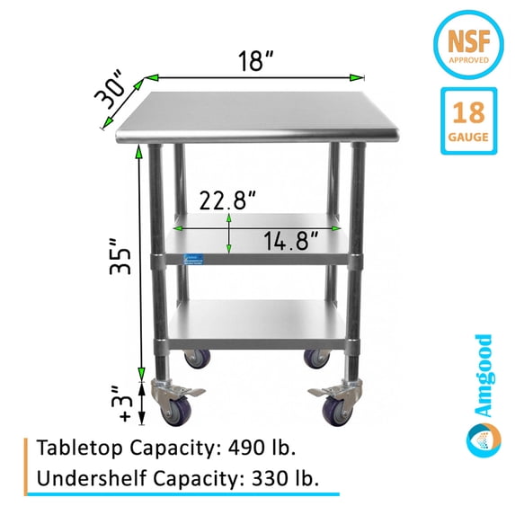 AmGood 18" Long x 30" Deep Stainless Steel Work Table with 2 Shelves and wheels | Commercial & Residential NSF Utility Table | Metal Food Prep Station