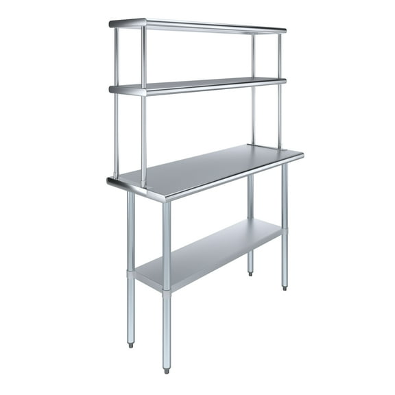 AmGood 18" x 48" Stainless Steel Work Table With 12" Wide Double Tier Overshelf | Metal Kitchen Prep Table & Shelving Combo