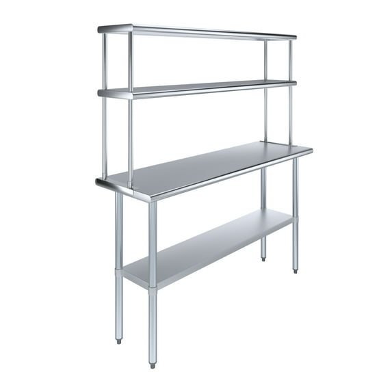 AmGood 18" x 60" Stainless Steel Work Table With 12" Wide Double Tier Overshelf | Metal Kitchen Prep Table & Shelving Combo