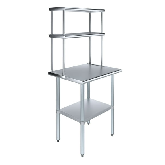 AmGood 24" x 30" Stainless Steel Work Table With 12" Wide Double Tier Overshelf | Metal Kitchen Prep Table & Shelving Combo