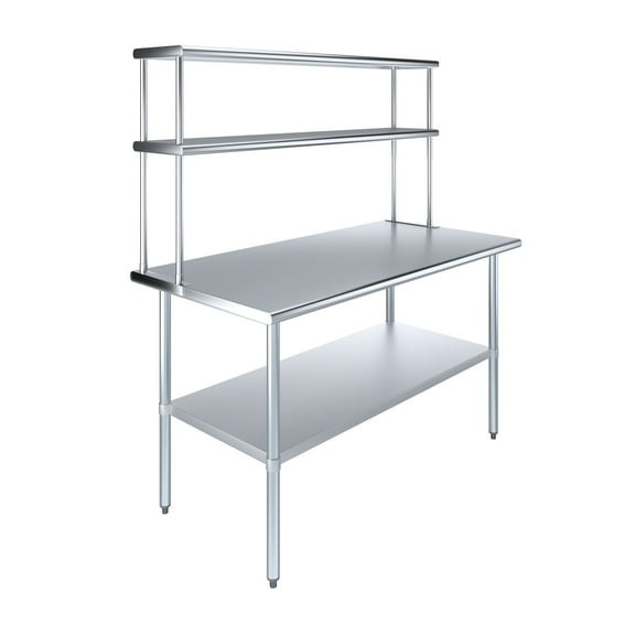 AmGood 30" x 60" Stainless Steel Work Table With 12" Wide Double Tier Overshelf | Metal Kitchen Prep Table & Shelving Combo