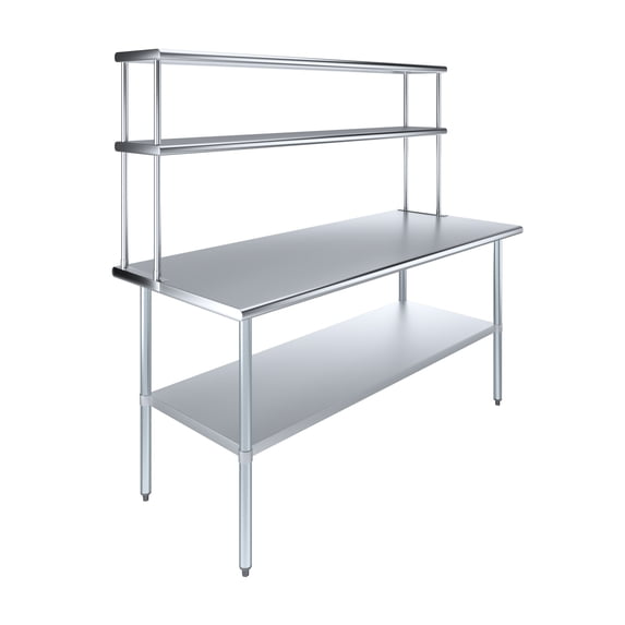 AmGood 30" x 72" Stainless Steel Work Table With 12" Wide Double Tier Overshelf | Metal Kitchen Prep Table & Shelving Combo