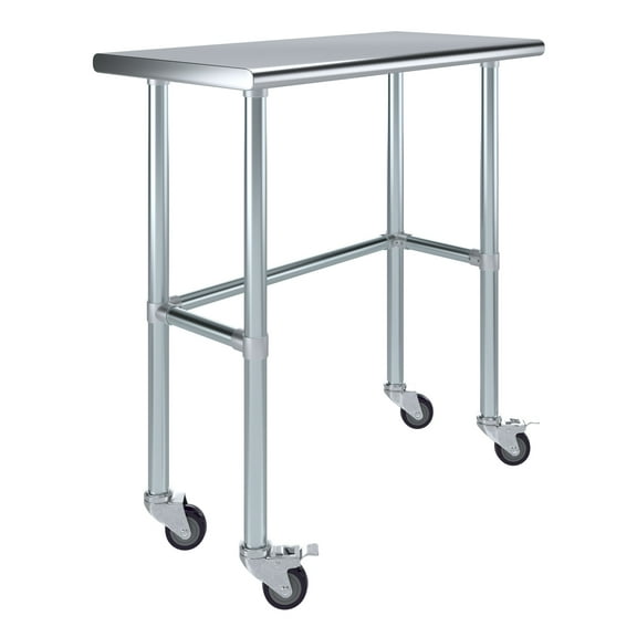 AmGood 36" Long x 18" Deep Stainless Steel Work Table With Open Base and Wheels | Mobile Metal Table