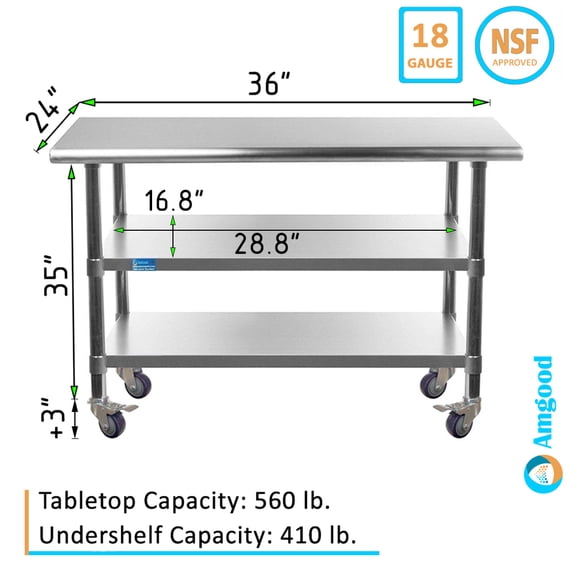 AmGood 36" Long x 24" Deep Stainless Steel Work Table with 2 Shelves and wheels | Commercial & Residential NSF Utility Table | Metal Food Prep Station
