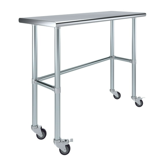AmGood 48" Long x 18" Deep Stainless Steel Work Table With Open Base and Wheels | Mobile Metal Table