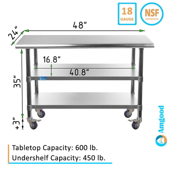 AmGood 48" Long x 24" Deep Stainless Steel Work Table with 2 Shelves and wheels | Commercial & Residential NSF Utility Table | Metal Food Prep Station