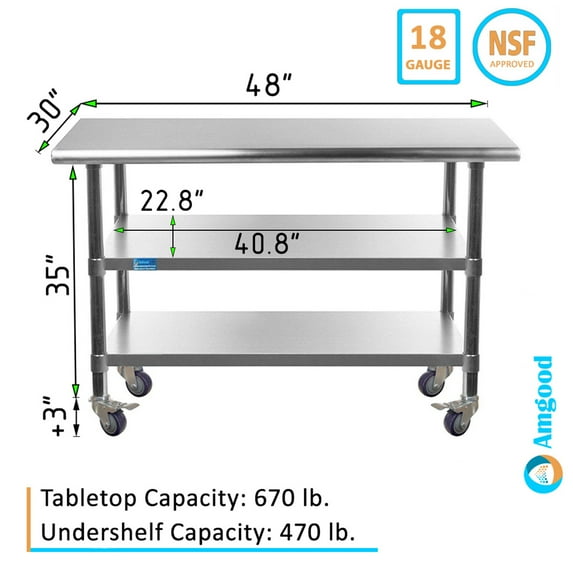AmGood 48" Long x 30" Deep Stainless Steel Work Table with 2 Shelves and wheels | Commercial & Residential NSF Utility Table | Metal Food Prep Station