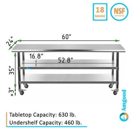 AmGood 60" Long x 24" Deep Stainless Steel Work Table with 2 Shelves and wheels | Commercial & Residential NSF Utility Table | Metal Food Prep Station
