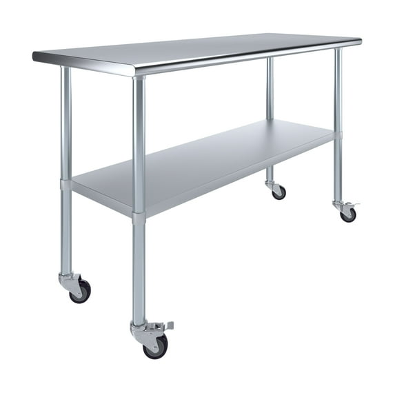 AmGood 60" Long x 24" Deep Stanless Steel Work Table with Casters | Mobile Metal Table