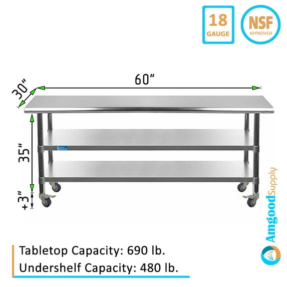 AmGood 60" Long x 30" Deep Stainless Steel Work Table with 2 Shelves and wheels | Commercial & Residential NSF Utility Table | Metal Food Prep Station