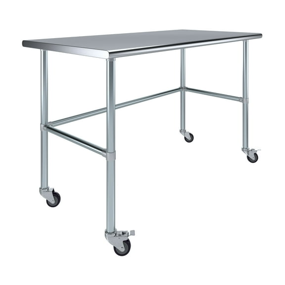AmGood 60" Long x 30" Deep Stainless Steel Work Table With Open Base and Wheels | Mobile Metal Table