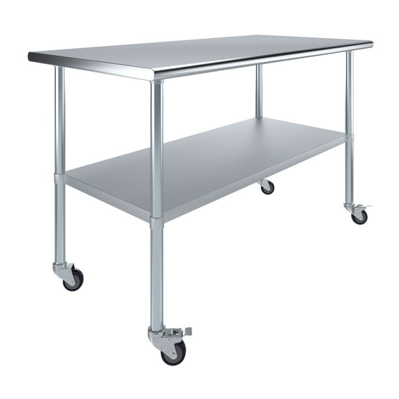 AmGood 60" Long x 30" Deep Stanless Steel Work Table with Casters | Mobile Metal Table