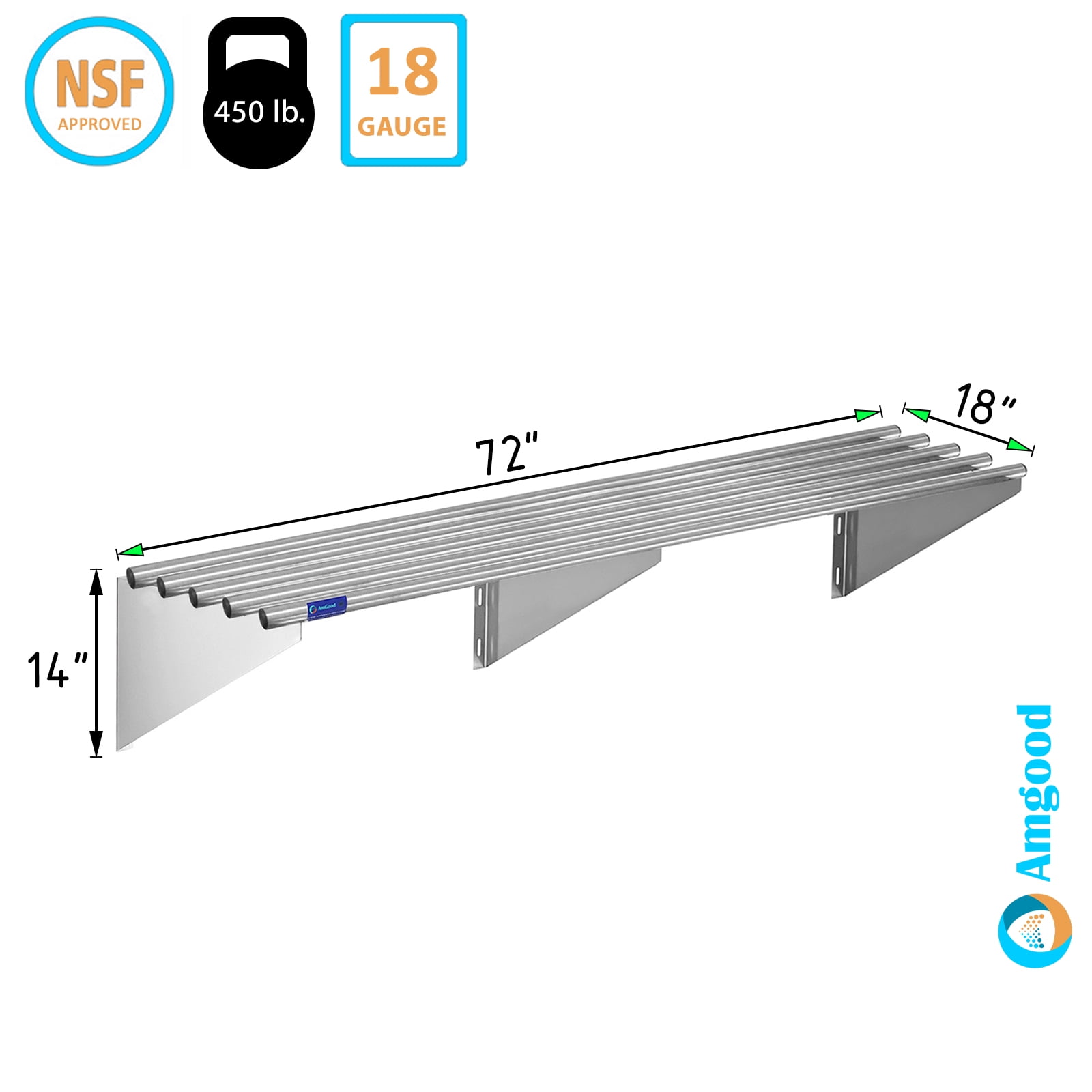 AmGood 72" Stainless Steel Floating Wall Shelf with Brackets